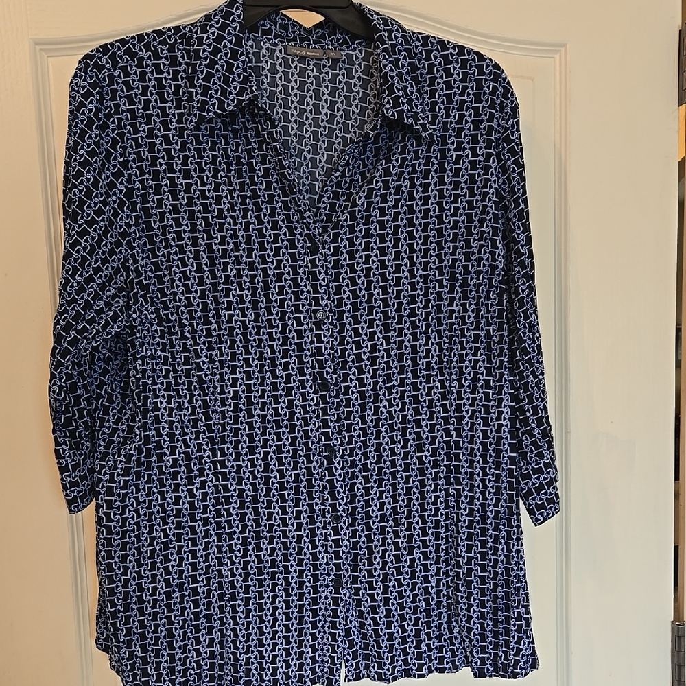 Apt. 9 Blue 3/4 Sleeve Button Down Geometric Patterned Blouse Size 1X